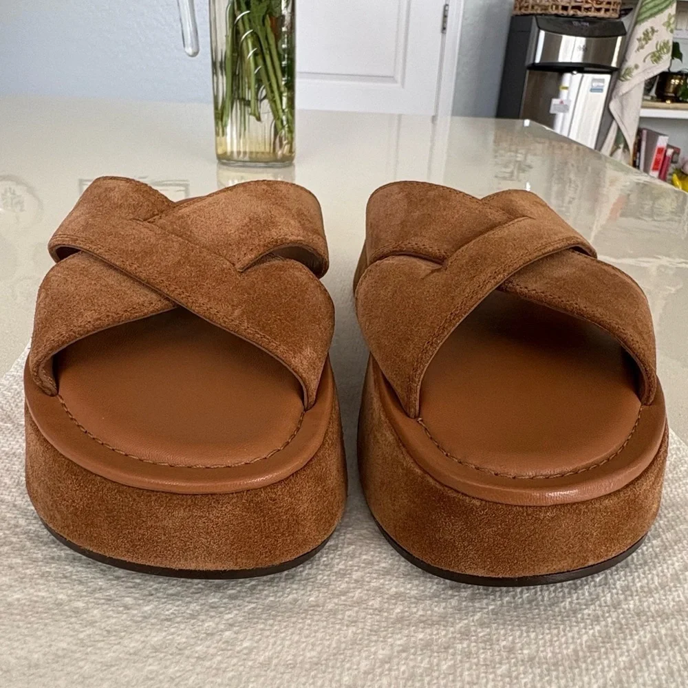 Free People Asbury Camel Brown Criss Cross Suede Platform Slide Sandals